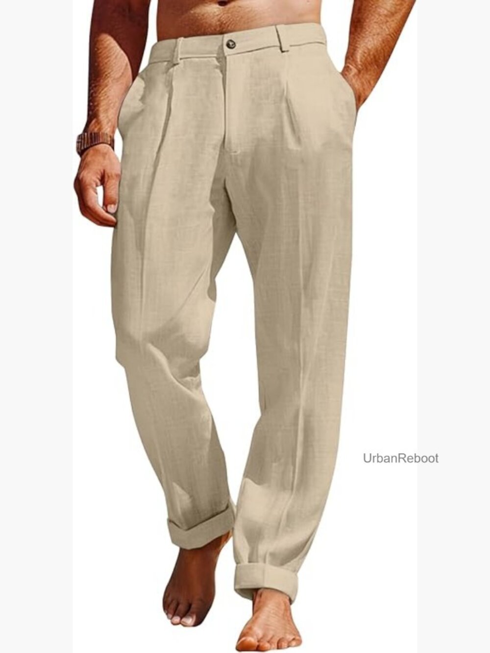 Mens Linen Beach Pants Casual Summer Elastic Waist Slacks Lightweight Loose Fit